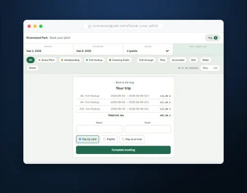 Checkout with the stay total, deposit and tourist tax