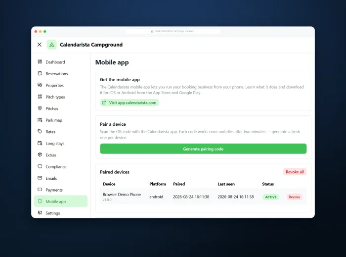 Pairing the Calendarista mobile app with a park