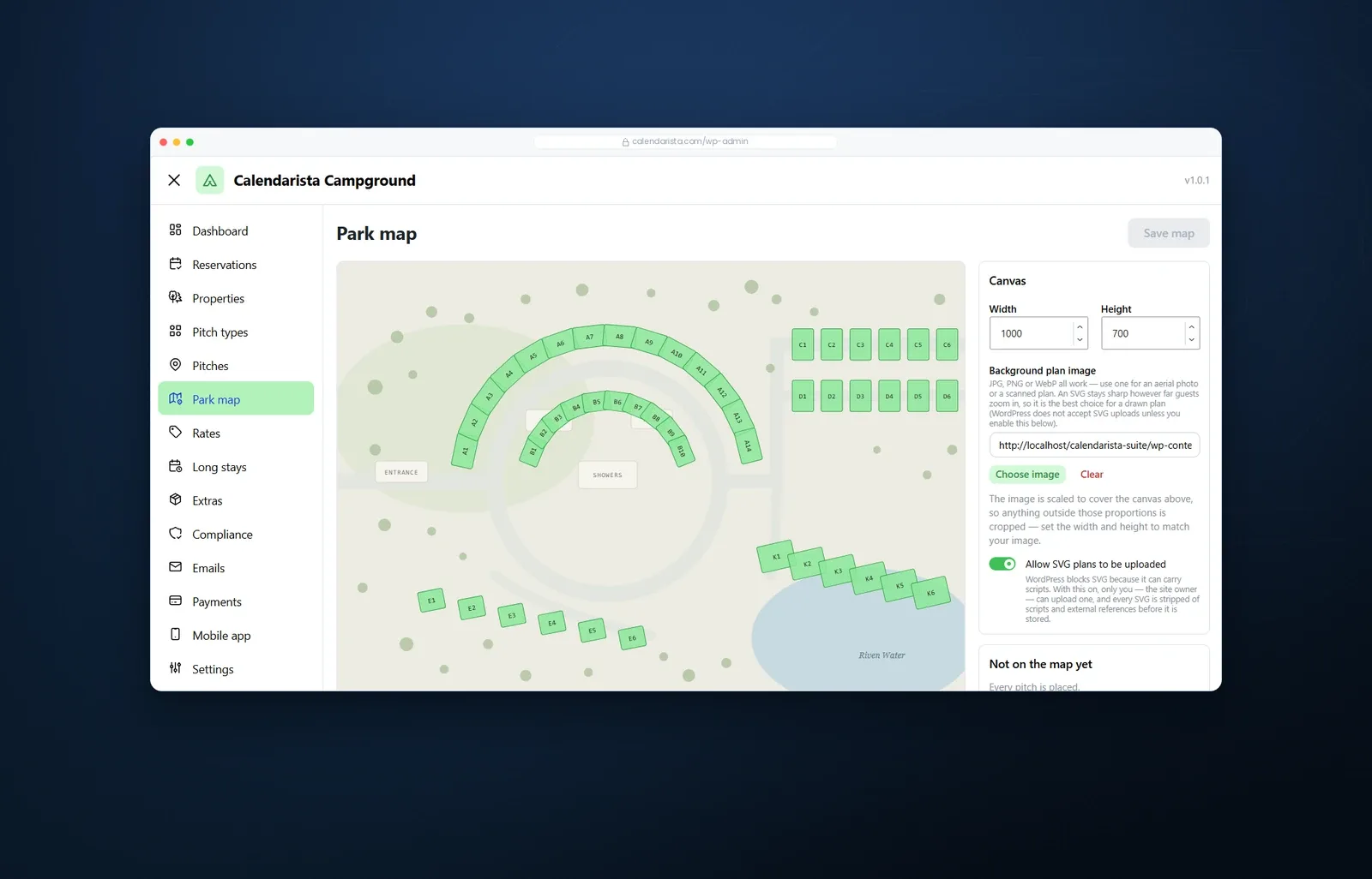 Calendarista Campground park map editor with every pitch placed over the owner&rsquo;s own site plan