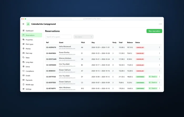 Reservation list with balances, check-in and check-out