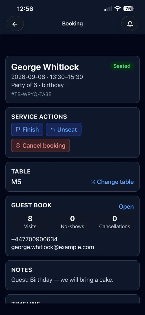 Service actions on a booking — Finish, Unseat or cancel