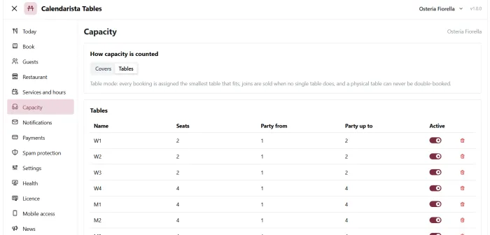 Capacity in table mode — seats and party ranges, and a table can never be double-booked