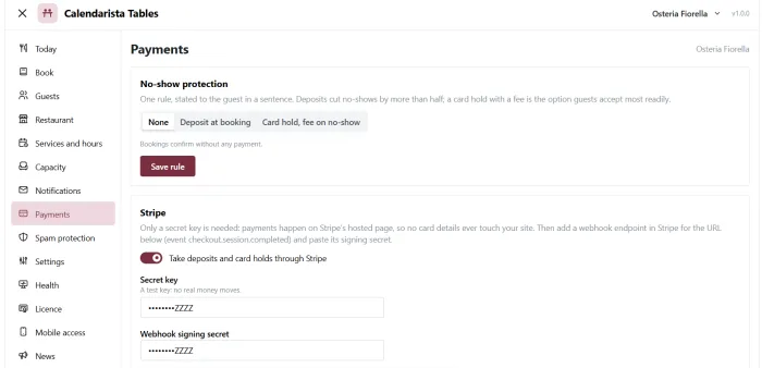 No-show protection — a deposit at booking or a card hold with a fee, through Stripe