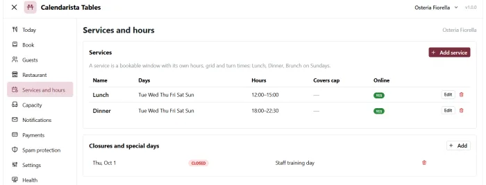 Lunch and Dinner services with their own days, hours and closures